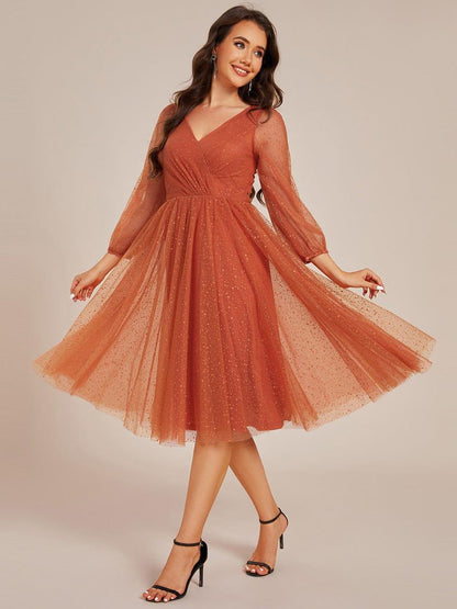 Glittery Long Sleeve V-Neck Midi Wedding Guest Dress