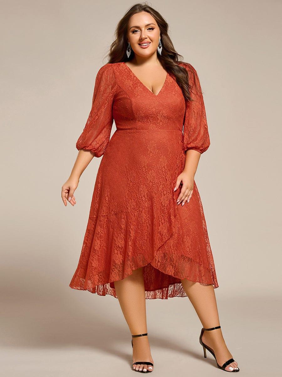 pretty CAMILLE|Plus Size Midi Long Lantern Sleeves V-Neck Lace Wedding Guest Dress