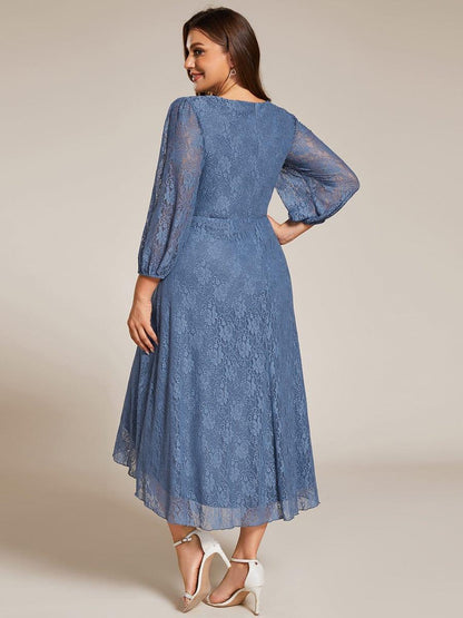 pretty CAMILLE|Plus Size Midi Long Lantern Sleeves V-Neck Lace Wedding Guest Dress