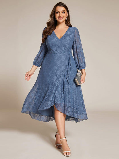 pretty CAMILLE|Plus Size Midi Long Lantern Sleeves V-Neck Lace Wedding Guest Dress