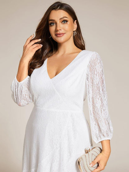 pretty CAMILLE|Plus Size Midi Long Lantern Sleeves V-Neck Lace Wedding Guest Dress