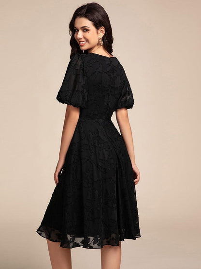 ever DANI|Puff Sleeve V-Neck Midi Wedding Guest Dress