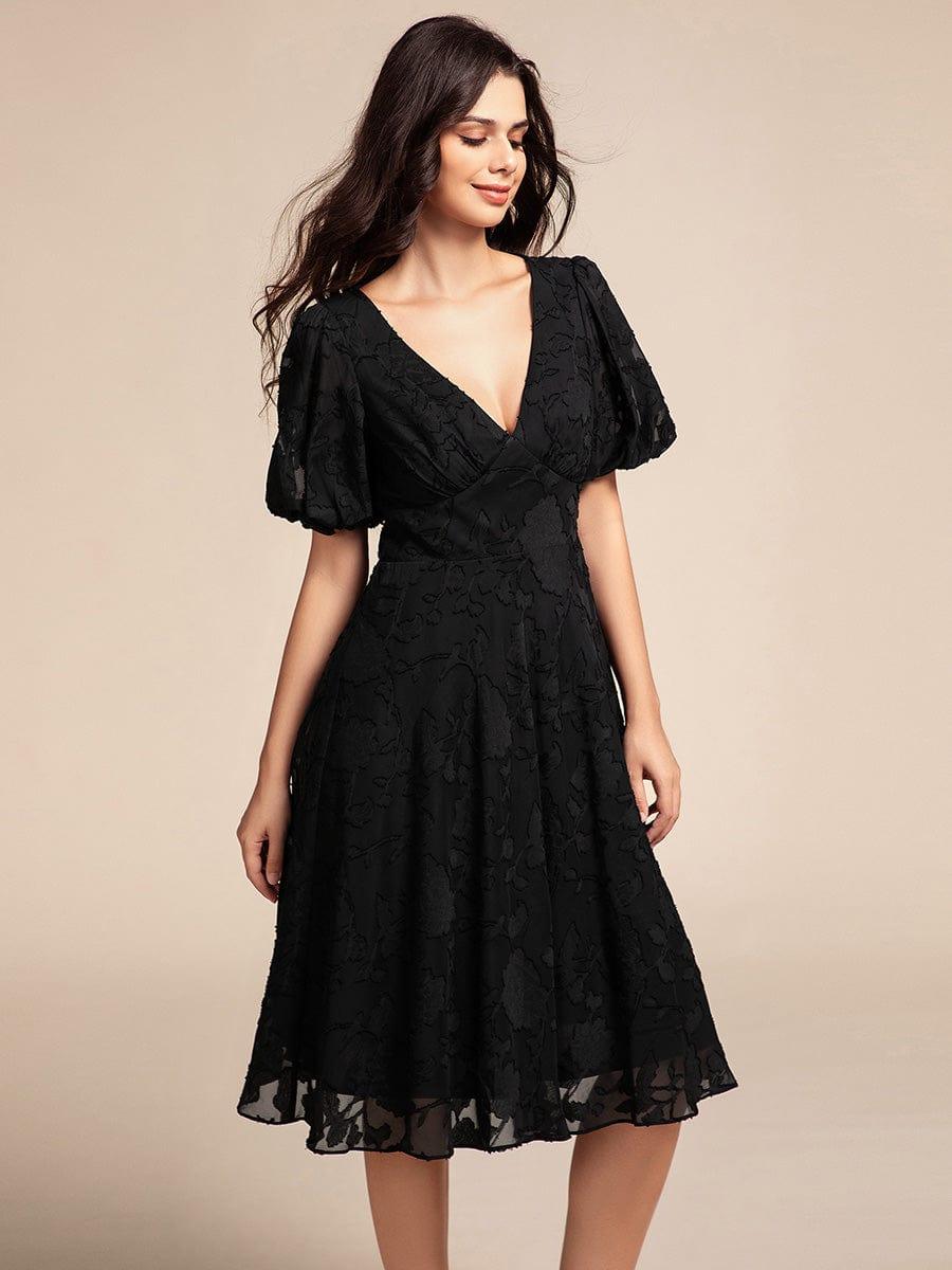 ever DANI|Puff Sleeve V-Neck Midi Wedding Guest Dress