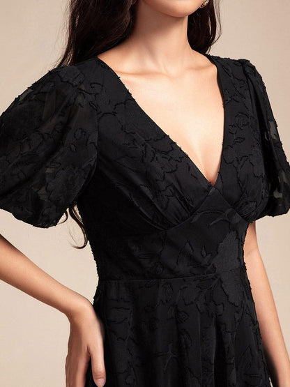 ever DANI|Puff Sleeve V-Neck Midi Wedding Guest Dress
