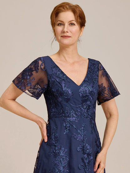 ever TIDAL|Embroidered Mesh Double V Neck Midi Mother of the Bride Dress