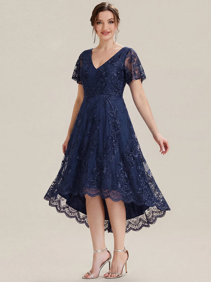 ever TIDAL|Embroidered Mesh Double V-Neck Short Sleeves Midi Wedding Guest Dress