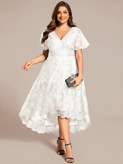 pretty TIDAL|Plus Size Short Sleeves Embroidered Mesh A-Line V-Neck Midi Wedding Guest Dress