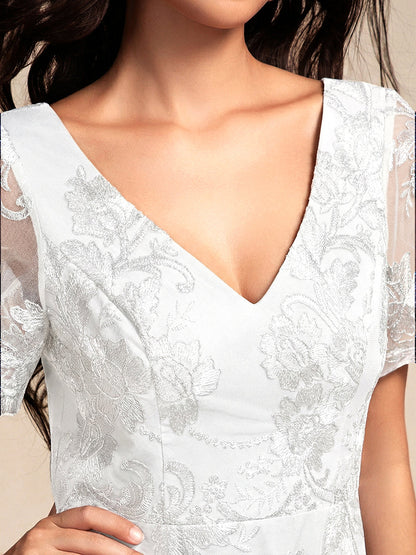 ever TIDAL|Embroidered Mesh Double V Neck Midi Mother of the Bride Dress