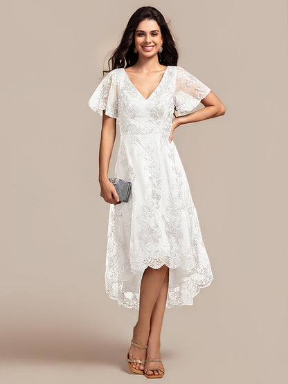 ever TIDAL|Embroidered Mesh Double V-Neck Short Sleeves Midi Wedding Guest Dress