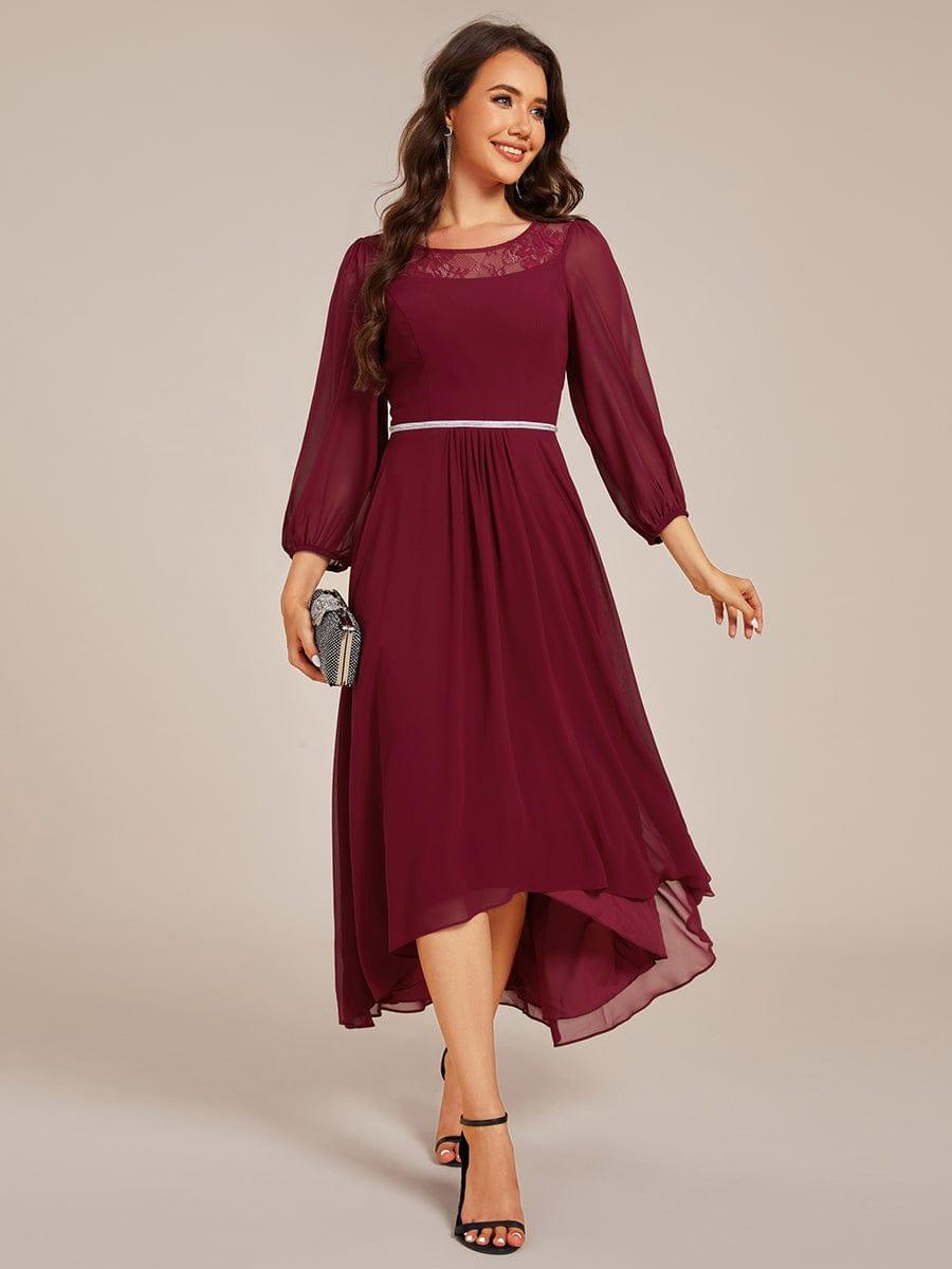 ever AMYRA|Long Sleeve Waist Chain Round Neckline Midi Chiffon Wedding Guest Dress
