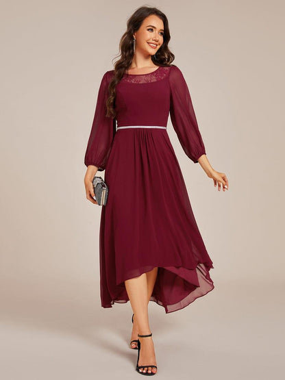ever AMYRA|Long Sleeve Waist Chain Round Neckline Midi Chiffon Wedding Guest Dress