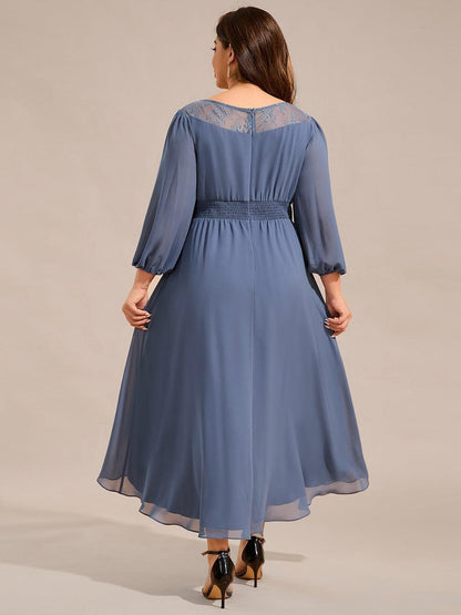 ever AMYRA|Long Sleeve Waist Chain Round Neckline Midi Chiffon Wedding Guest Dress