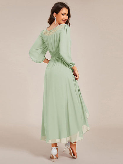 ever AMYRA|Long Sleeve Waist Chain Round Neckline Midi Chiffon Wedding Guest Dress