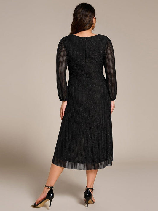 pretty BRISTOL|Plus Size Pleated Long Sleeve V-Neck Midi Glitter Wedding Guest Dress