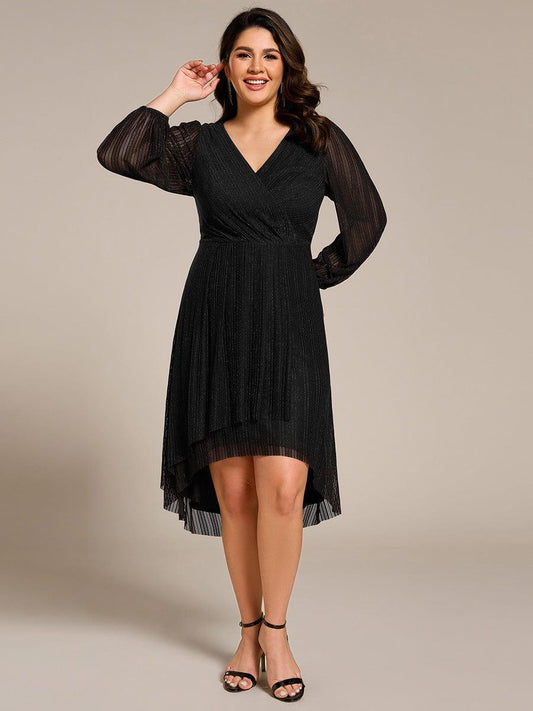 pretty BRISTOL|Plus Size Pleated Long Sleeve V-Neck Midi Glitter Wedding Guest Dress