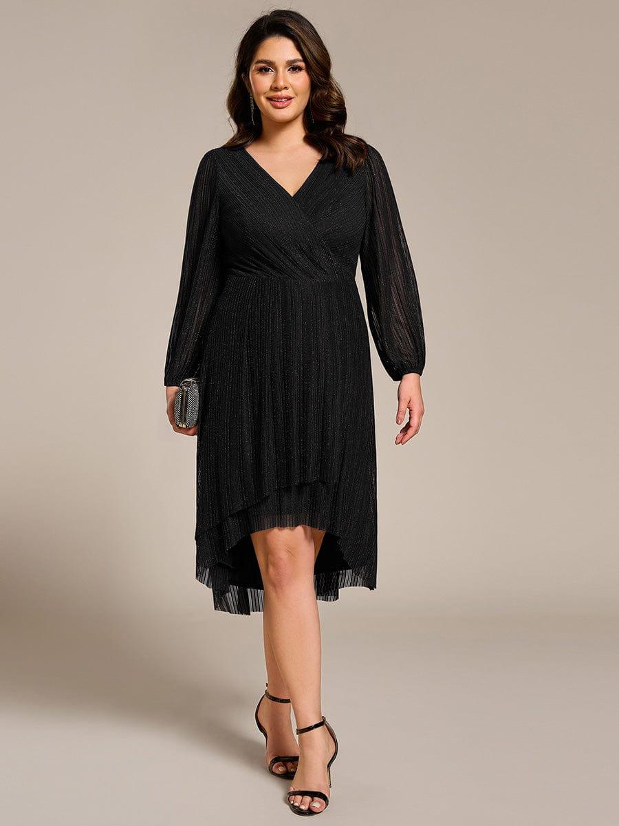 pretty BRISTOL|Plus Size Pleated Long Sleeve V-Neck Midi Glitter Wedding Guest Dress