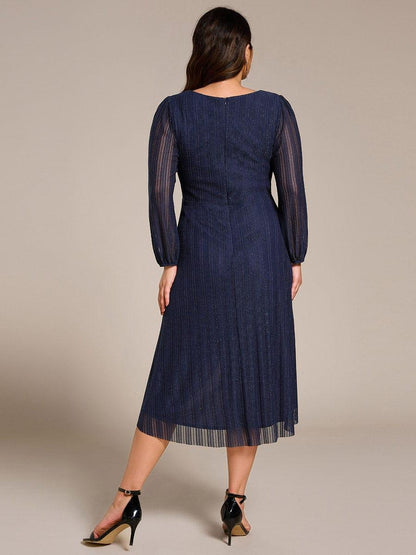 pretty BRISTOL|Plus Size Pleated Long Sleeve V-Neck Midi Glitter Wedding Guest Dress