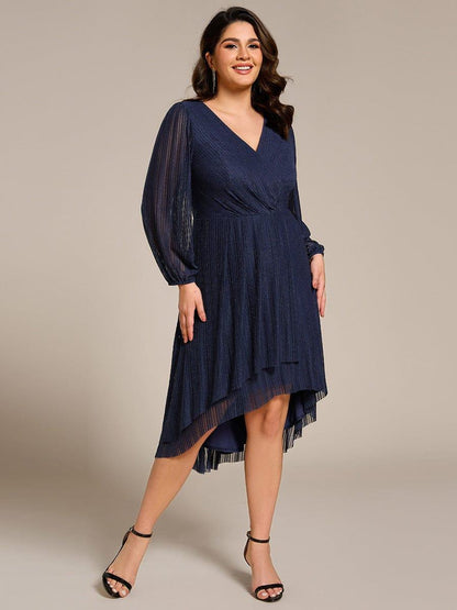 pretty BRISTOL|Plus Size Pleated Long Sleeve V-Neck Midi Glitter Wedding Guest Dress