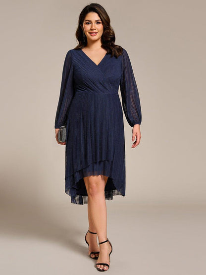 pretty BRISTOL|Plus Size Pleated Long Sleeve V-Neck Midi Glitter Wedding Guest Dress