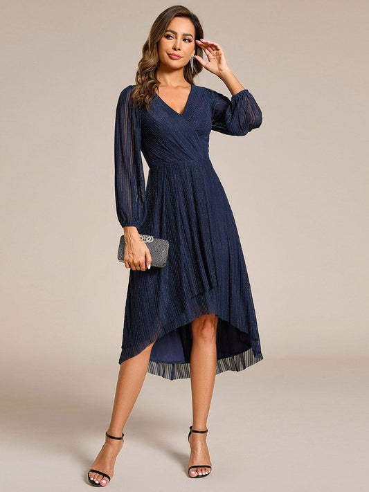 ever BRISTOL|Glitter Long Sleeve V-Neck A-Line Midi Wedding Guest Dress