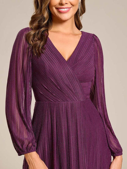 ever BRISTOL|Glitter Long Sleeve V-Neck A-Line Midi Wedding Guest Dress