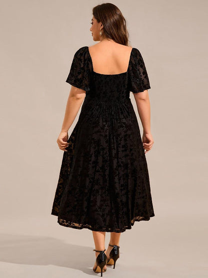 pretty BLOOM|Plus Size Printed Velvet A-Line Short Sleeve Tea Length Wedding Guest Dress