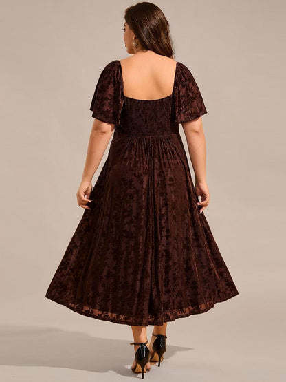 ever BLOOM|Elegant Stretchy Short Sleeve Tea Length Velvet Wedding Guest Dress