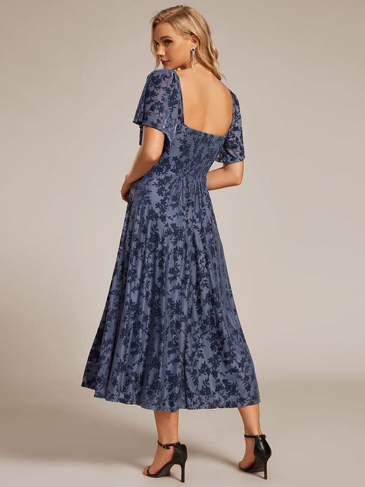 ever BLOOM|Elegant Stretchy Short Sleeve Tea Length Velvet Wedding Guest Dress
