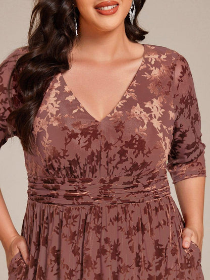 ever NYRA|Floral Velvet 3/4 Sleeve V-Neck Pleated Wedding Guest Dress