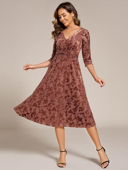 ever NYRA|Floral Velvet 3/4 Sleeve V-Neck Pleated Wedding Guest Dress