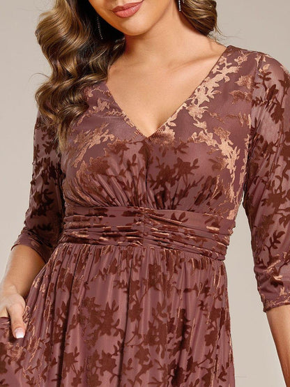 ever NYRA|Floral Velvet 3/4 Sleeve V-Neck Pleated Wedding Guest Dress