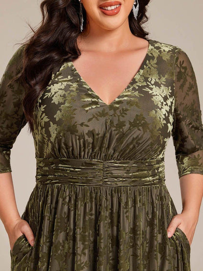 ever NYRA|Floral Velvet 3/4 Sleeve V-Neck Pleated Wedding Guest Dress
