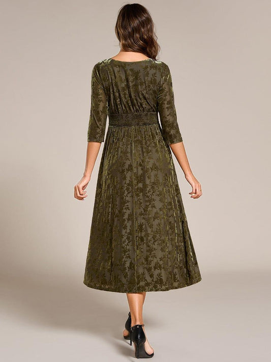 ever NYRA|Floral Velvet 3/4 Sleeve V-Neck Pleated Wedding Guest Dress