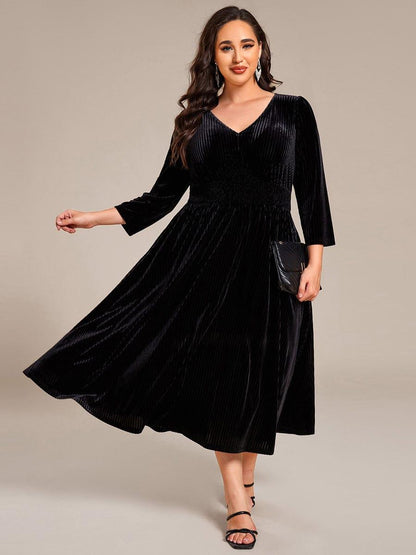 ever ARLET|Long Sleeve High Stretch Velvet Tea Length Wedding Guest Dress