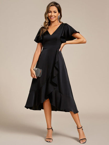 ever SAIGE|V-Neck Satin Midi Wedding Guest Dress with Ruffled Skirt