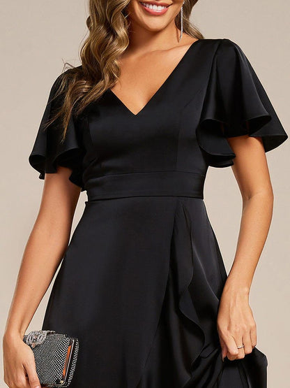 ever SAIGE|V-Neck Satin Midi Wedding Guest Dress with Ruffled Skirt