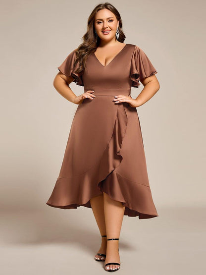 ever SAIGE|V-Neck Satin Midi Wedding Guest Dress with Ruffled Skirt