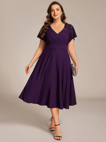 ever EVIE|Short Sleeves A-Line Midi Wedding Guest Dress with Pockets