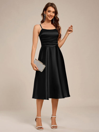 ever SHILOH|Spaghetti Strap Pleated A-Line Midi Satin Wedding Guest Dress