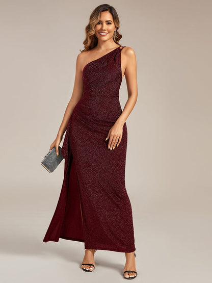 Glitter One-Shoulder Slit Wedding Guest Dress