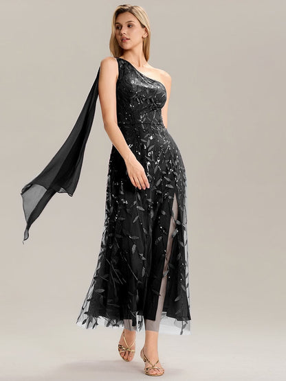 Flowing Ribbons Sequin Sleeveless Wedding Guest Dress