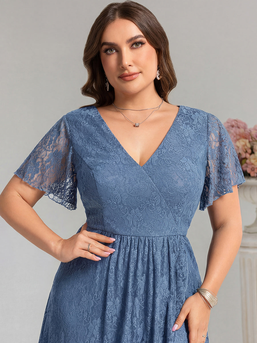 pretty PALOMA|Plus Size Short Sleeves V-Neck A-Line Lace Midi Wedding Guest Dress