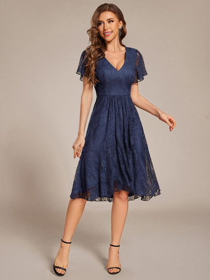ever PALOMA|Ruffled Short Sleeves V-Neck A-Line Midi Wedding Guest Dress