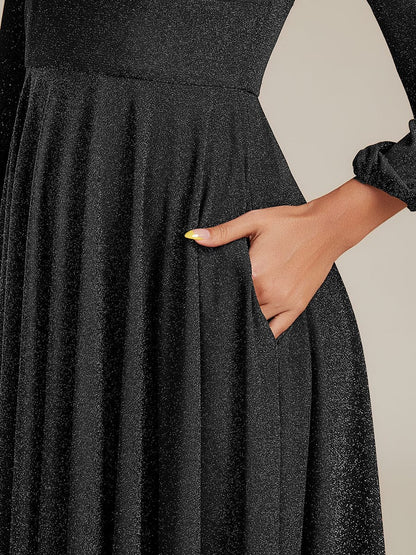 pretty GREER| Plus Size Glitter long Sleeve Midi Dress With Pocket