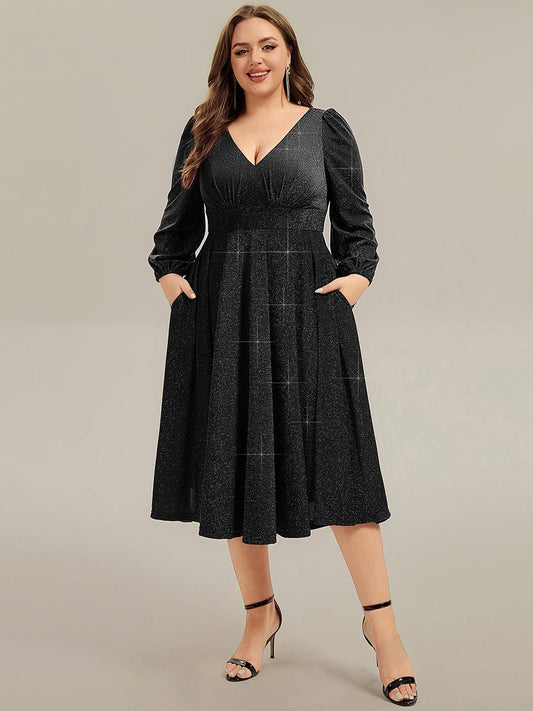 pretty GREER|Plus Size With Pocket Glitter Midi Wedding Guest Dress