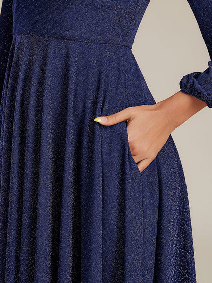 pretty GREER| Plus Size Glitter long Sleeve Midi Dress With Pocket