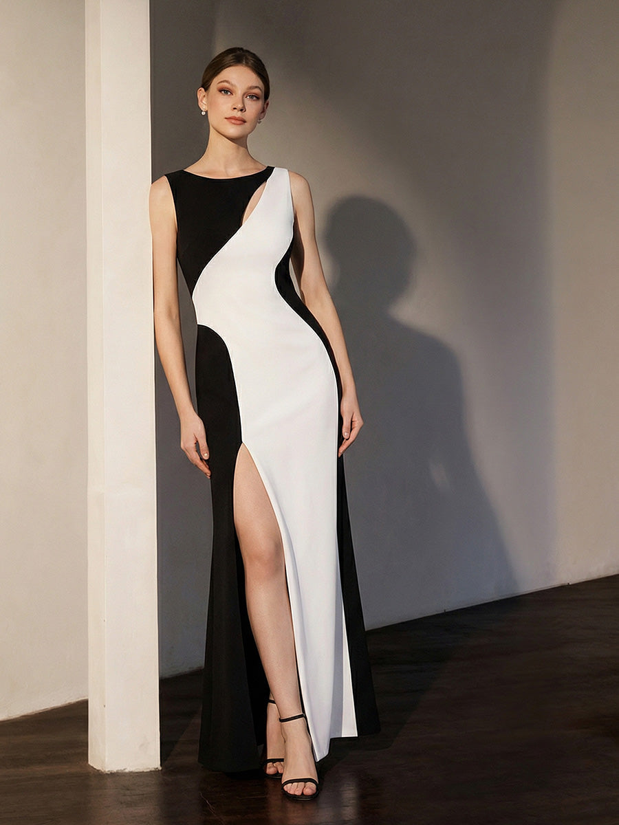 ever PEARL|Black Tie Stretch Colorblock Sleeveless Maxi Dress with High Slit