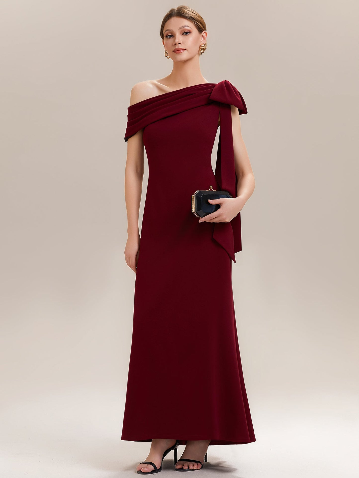 ever NOIR|Asymmetric Shoulder with Bow Knit Black Tie Formal Dress
