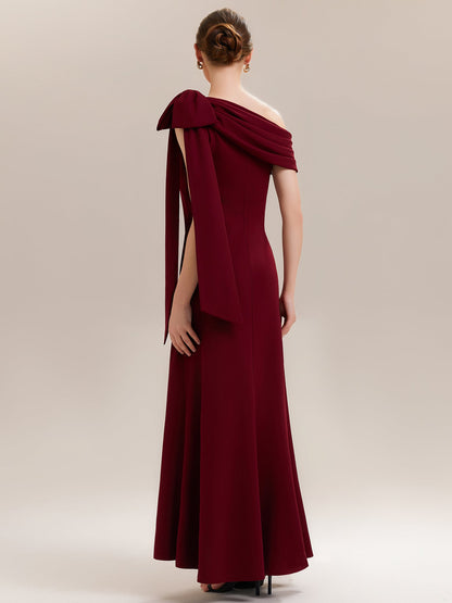 ever NOIR|Asymmetric Shoulder with Bow Knit Black Tie Formal Dress