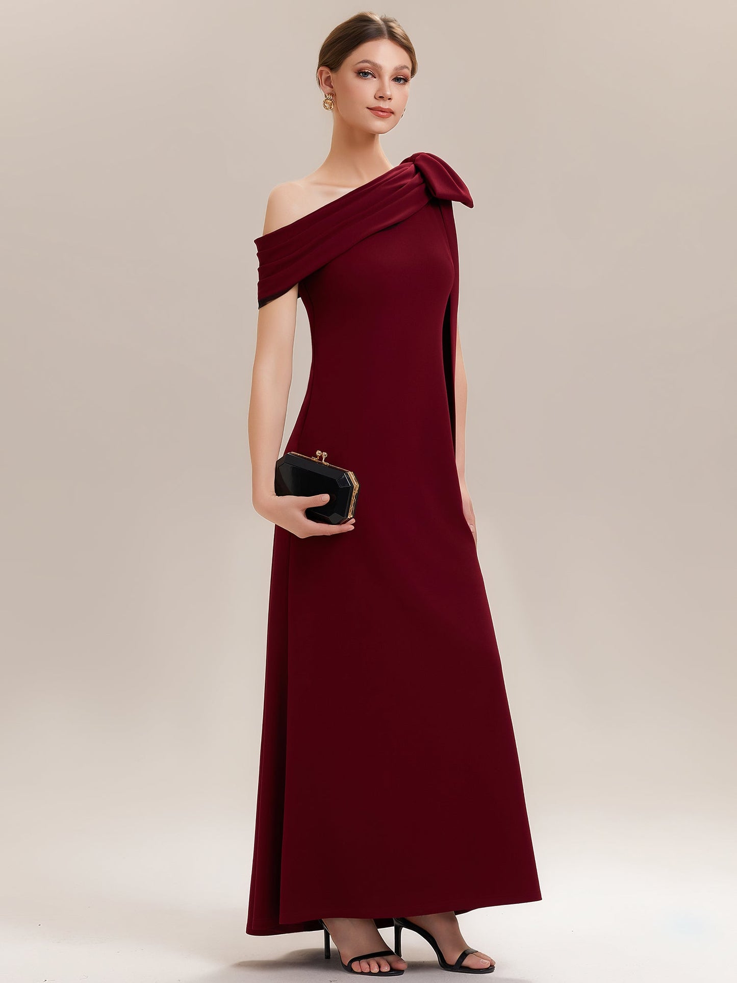 ever NOIR|Asymmetric Shoulder with Bow Knit Black Tie Formal Dress